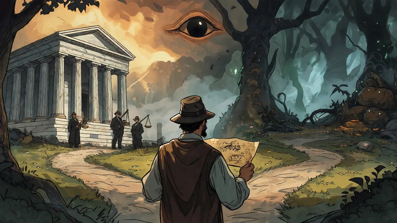 Trader at a crossroads between a regulated bank and a mysterious Web3 forest under a watchful eye.