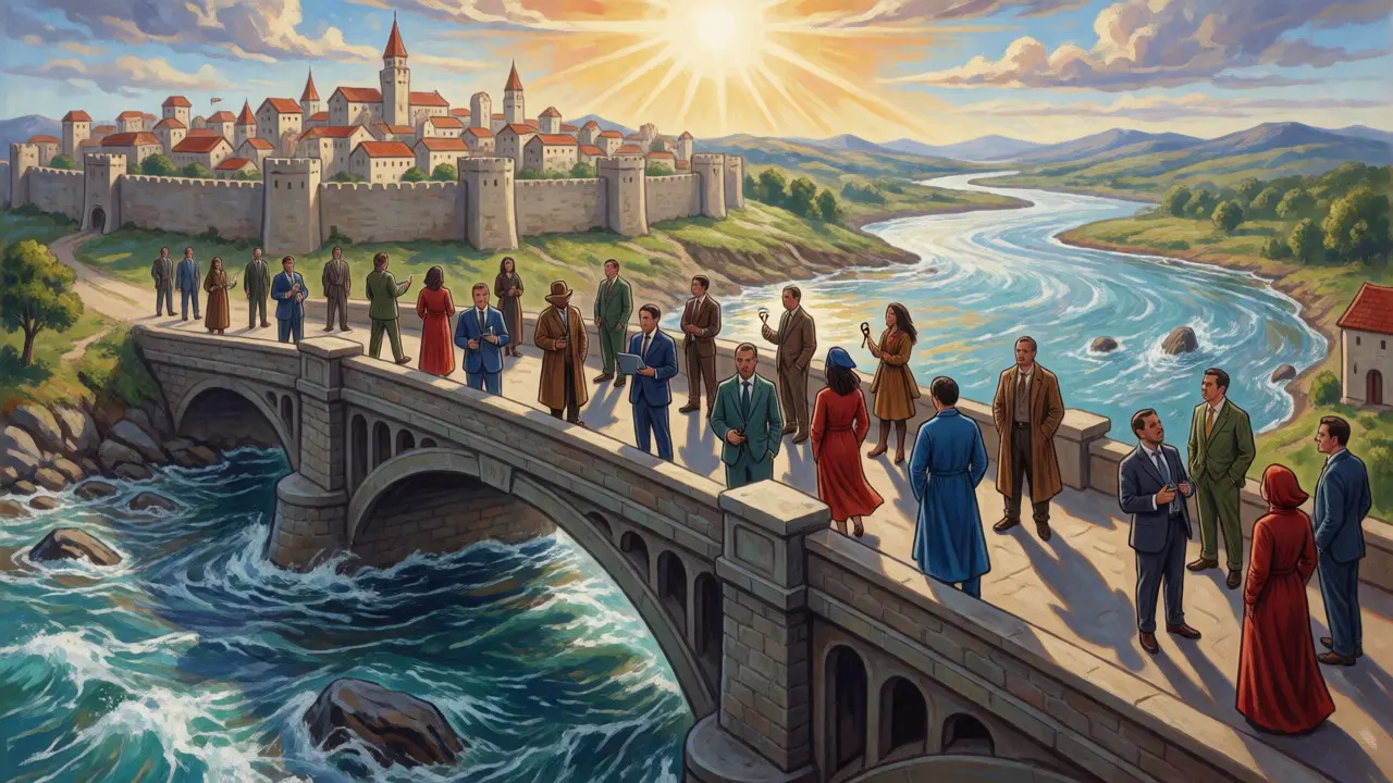 Traders crossing a bridge over volatile markets toward a fortified, regulated exchange city.