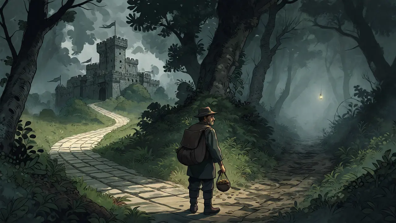 Traveler at a crossroads choosing between a safe castle path and a misty trail.