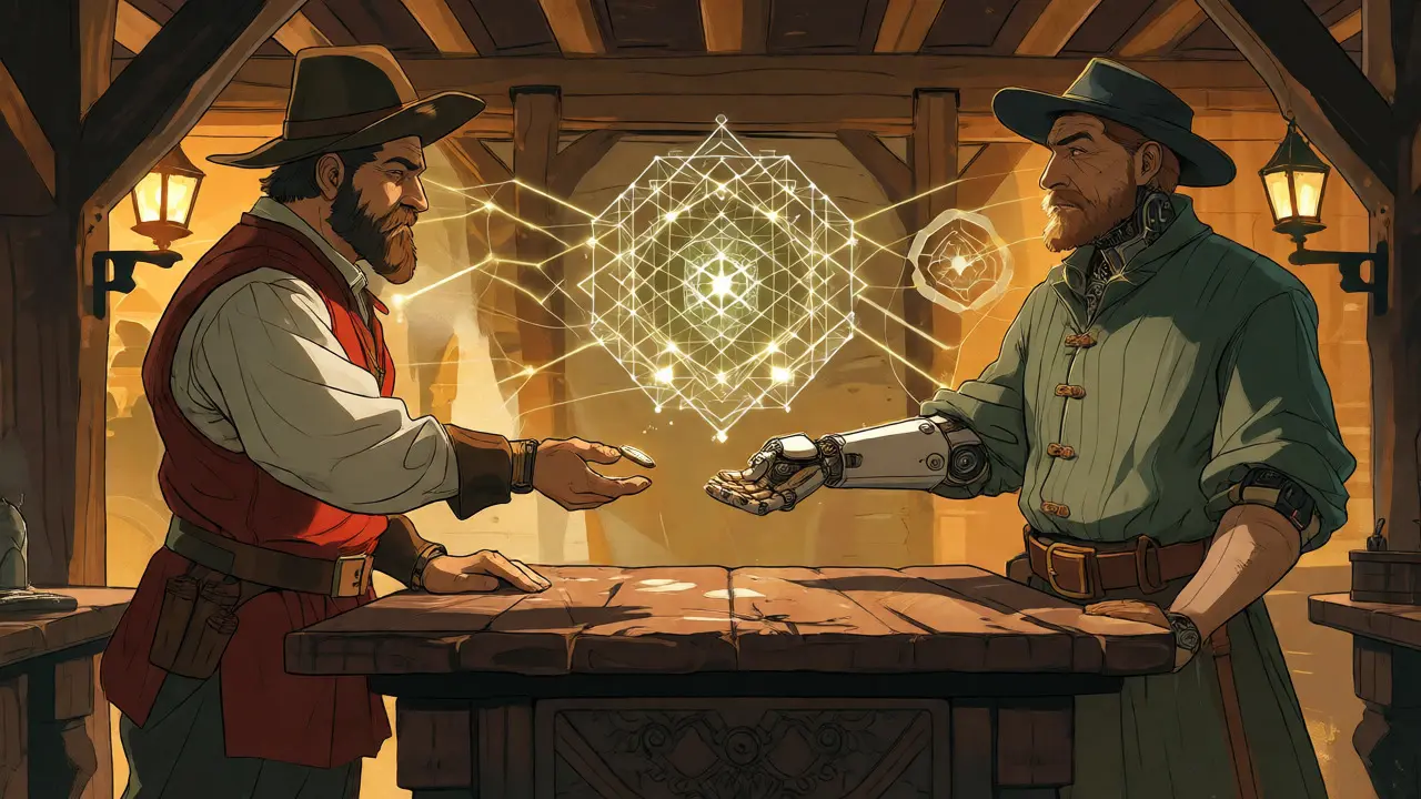 Two figures exchanging assets over a glowing geometric code structure.