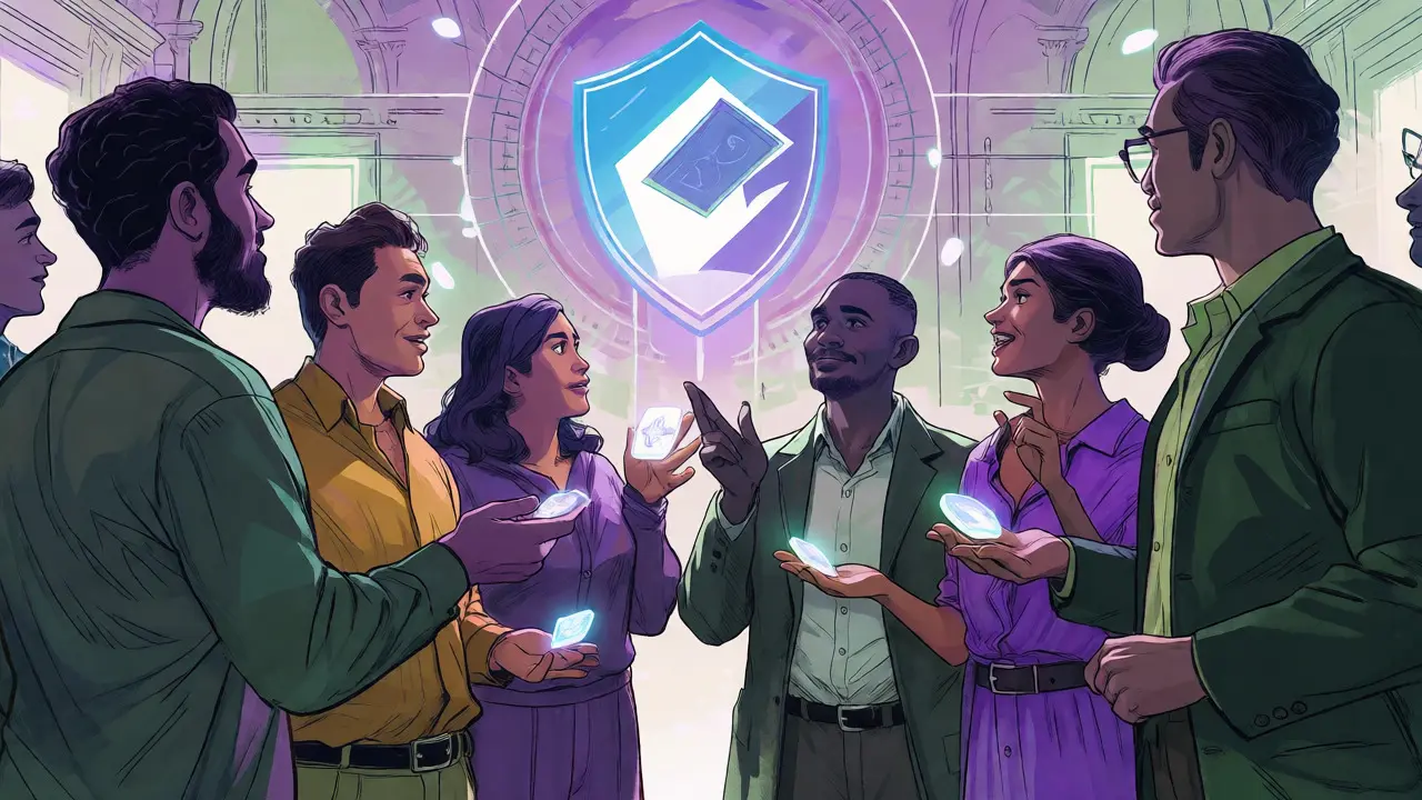 Verified citizens hold glowing badges around a central governance shield.