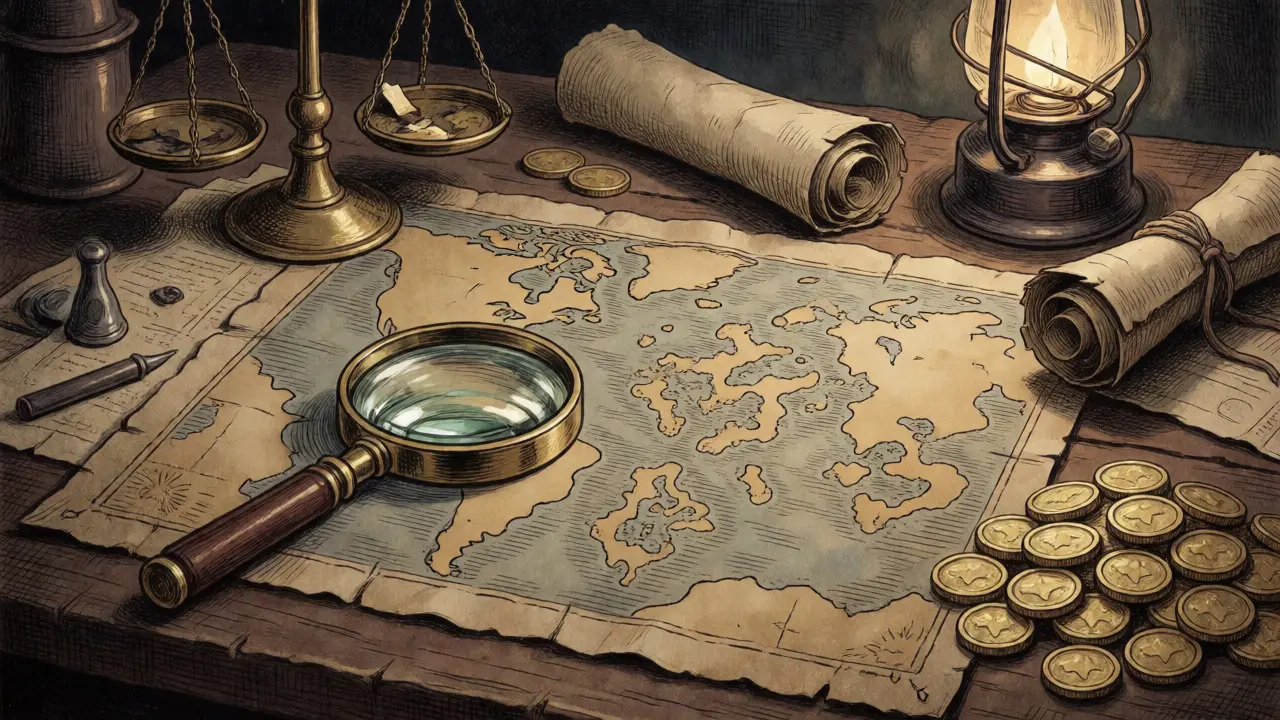 Vintage illustration of a desk with a map and cautionary items for DEX verification.