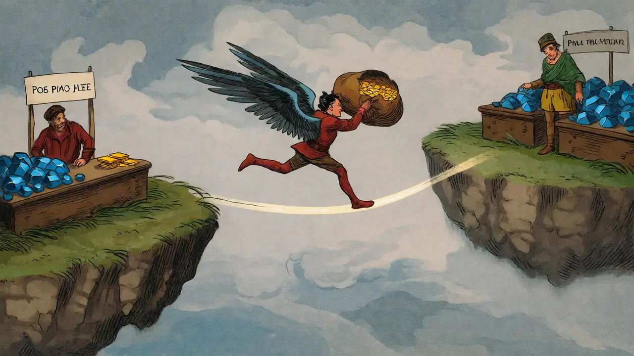 Winged messenger crossing a bridge of light between two islands to execute an arbitrage trade.