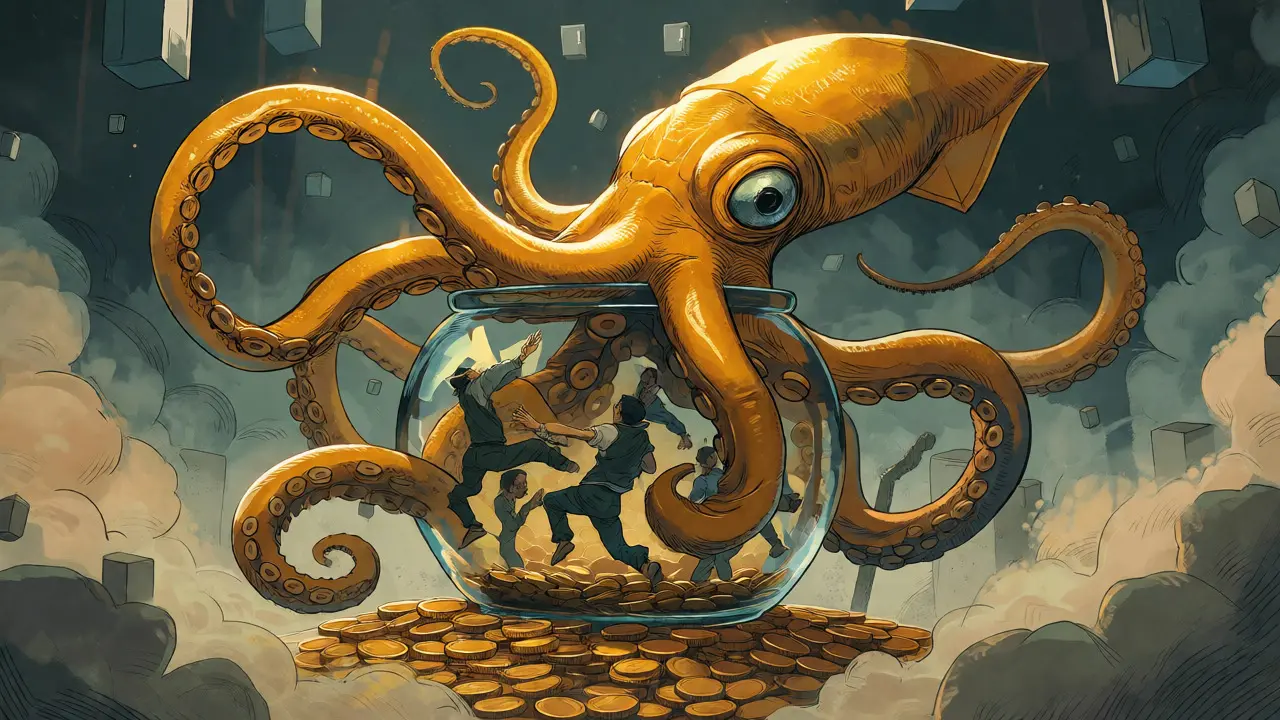 A giant squid trapping small figures in a glass jar, symbolizing a honeypot scam.