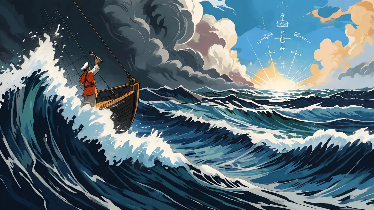 A ship navigating turbulent waters under a stormy-to-clear sky, symbolizing market volatility.