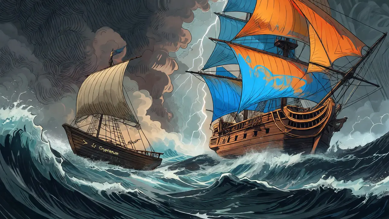 A small boat struggling in rough seas beside giant ships, illustrating market consolidation crushing smaller exchanges.
