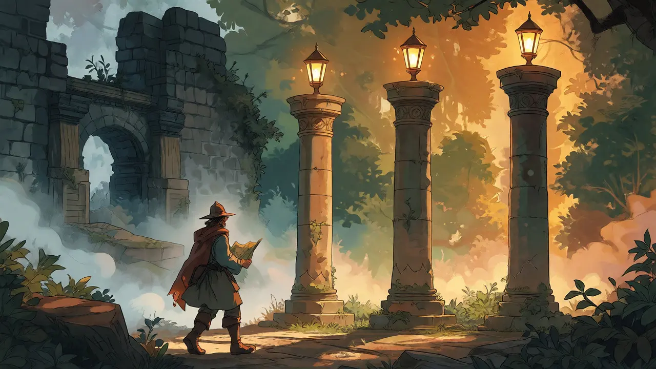 A traveler walking towards three sturdy, glowing pillars while leaving behind crumbling ruins of a failed exchange.