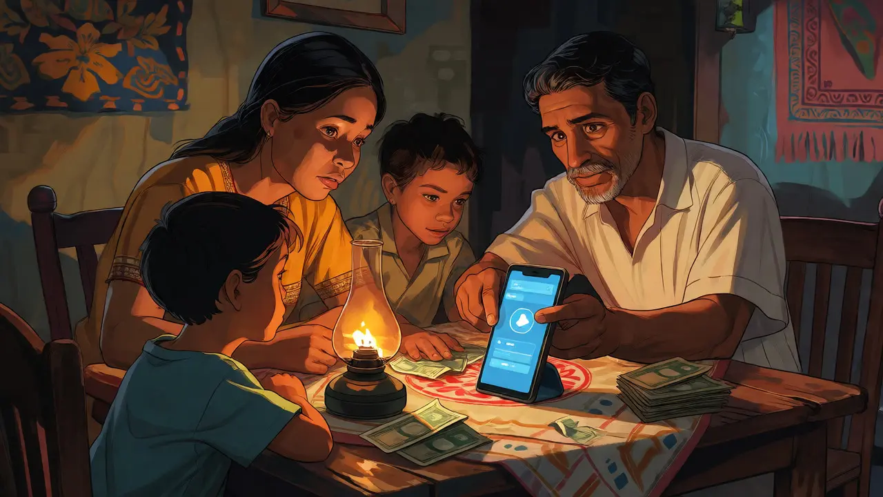 A Venezuelan family relies on a phone displaying digital dollars for survival.