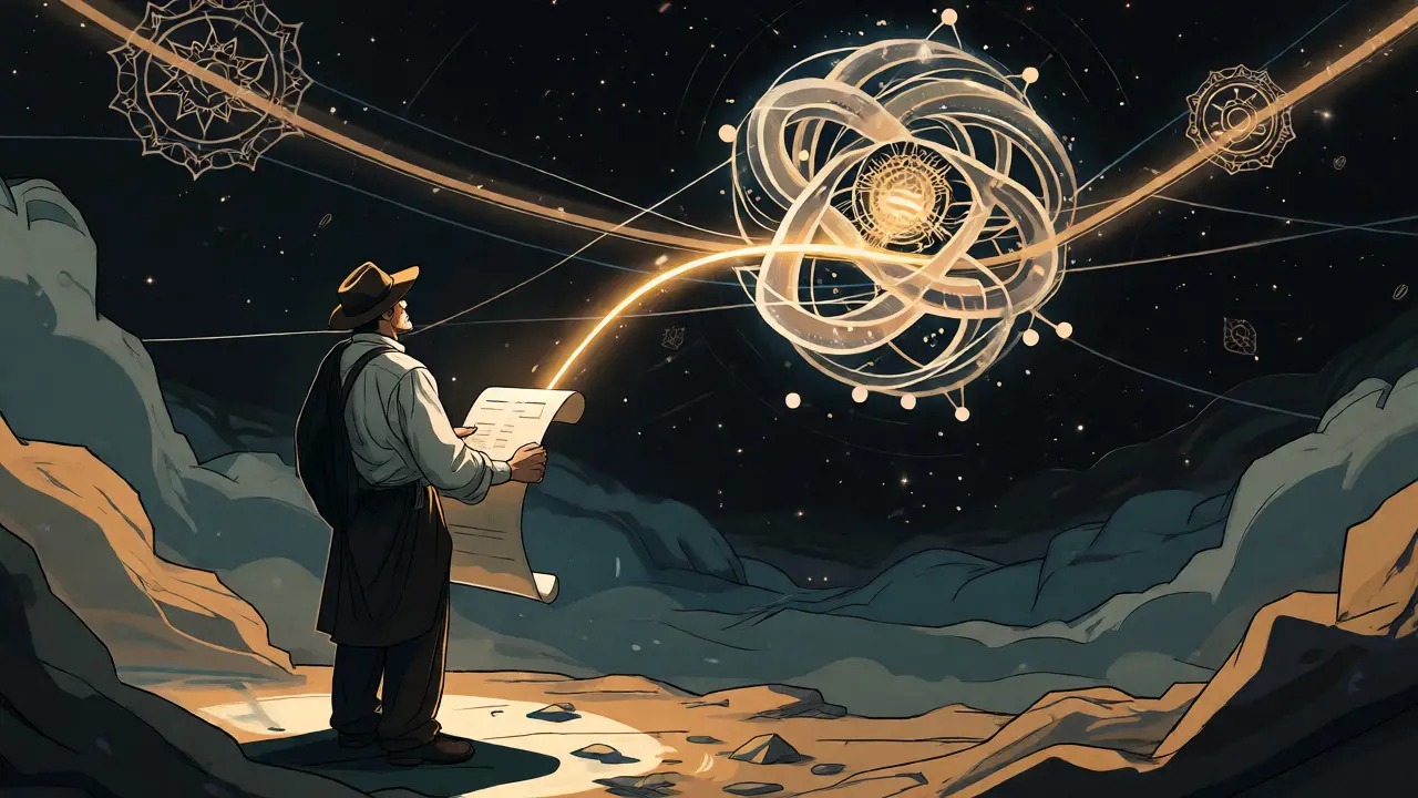 Allegorical cartoon of a trader connecting to an AI solver via glowing threads in a starry digital void.