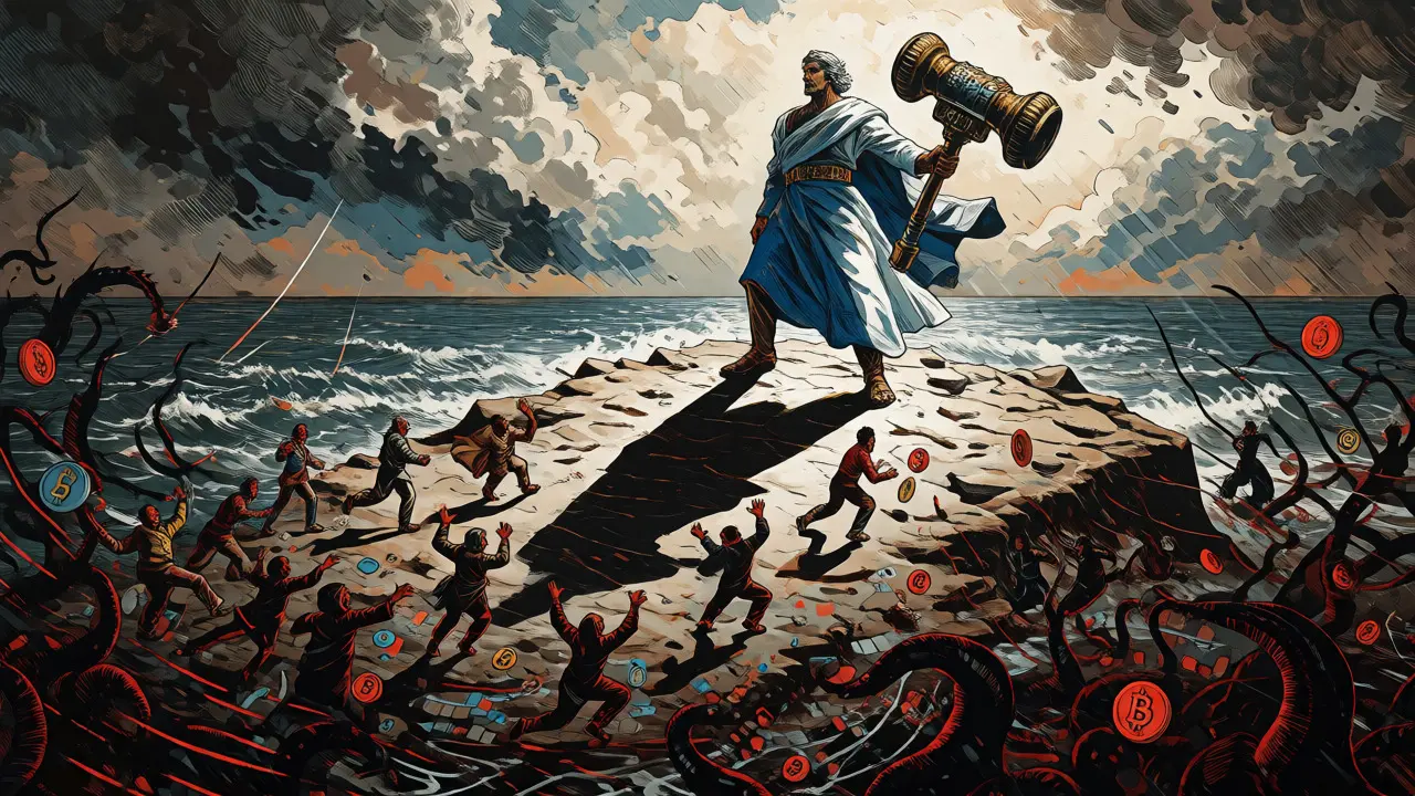 Allegorical US justice figure shielding victims from crypto fraud shadows