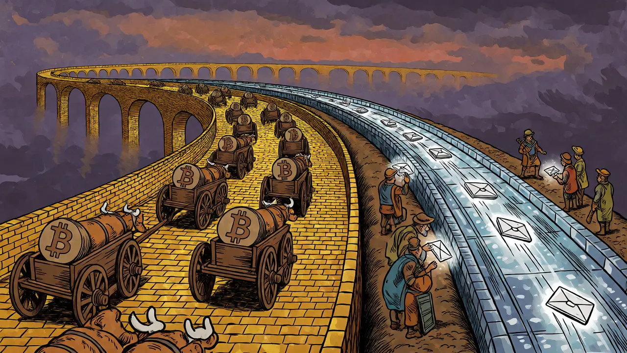 Allegory of the Liquid sidechain as a fast, private lane alongside the congested Bitcoin highway.