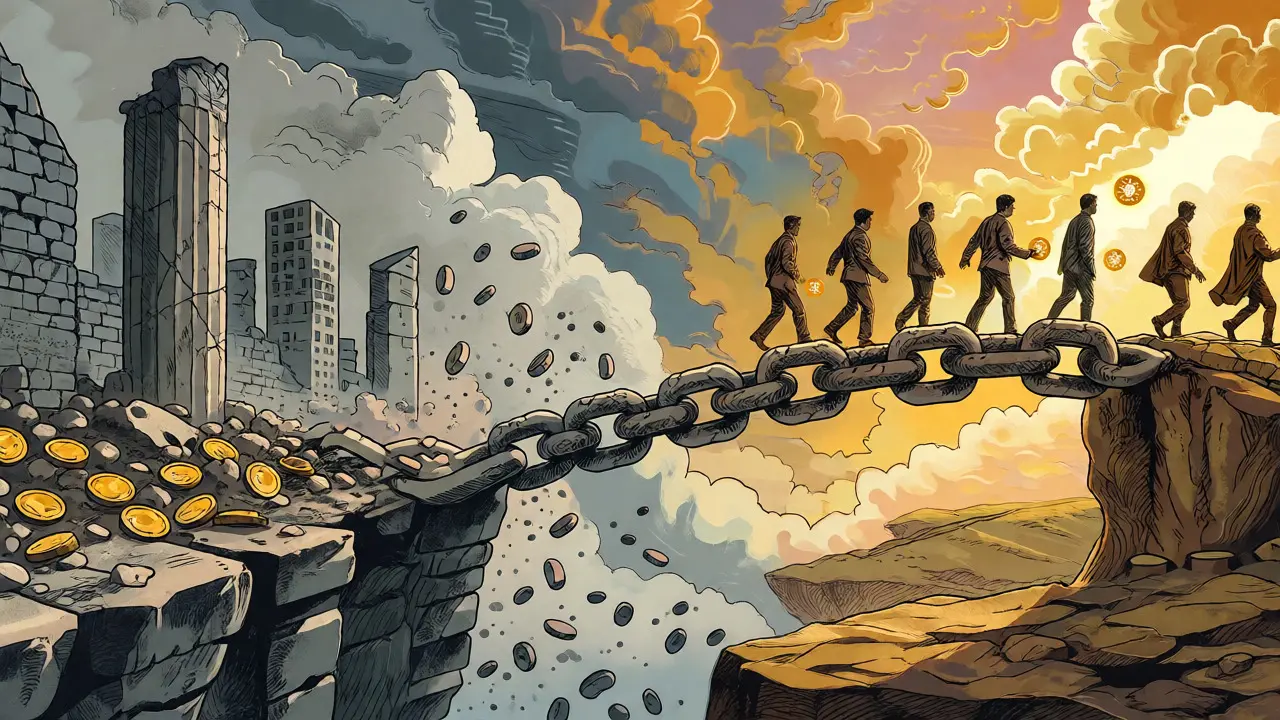 An allegorical bridge connects a crumbling economy to a stable digital future.