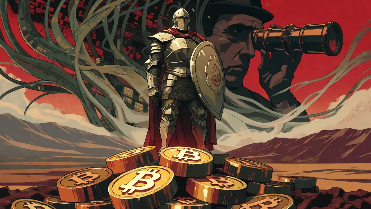 An armored knight stands on glowing digital gold blocks while a spy watches from the shadows.
