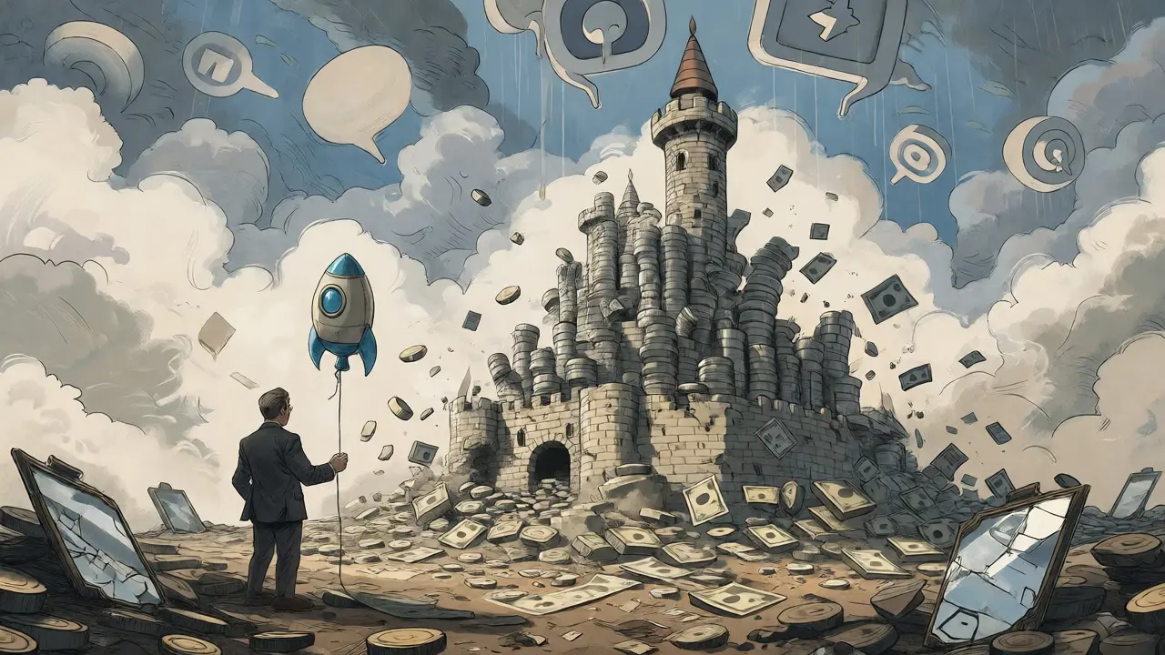 An investor watching a castle of coins crumble into dust amidst dissolving clouds.