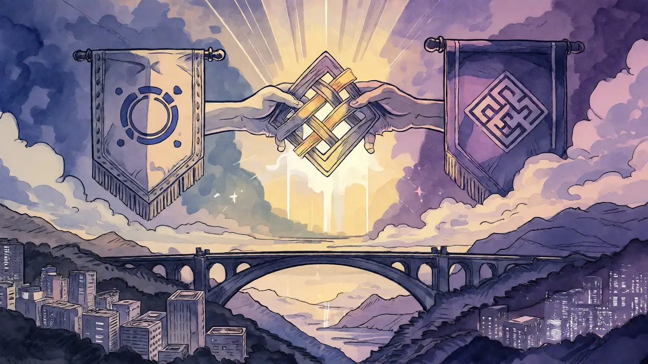 Artistic depiction of Klaytn merging into Kaia network