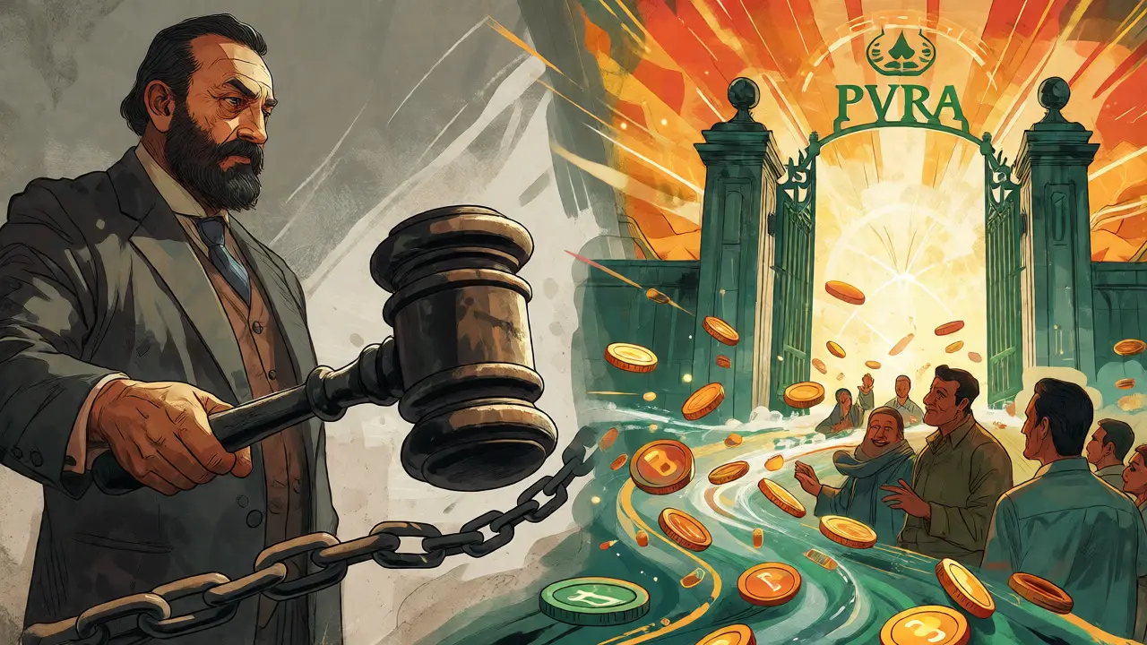 Artwork showing a transition from restrictive banking bans to open regulatory gates for virtual assets.