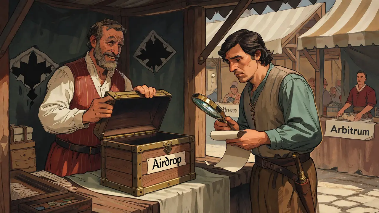 Cartoon of a skeptical customer inspecting a suspicious airdrop chest in a market scene.