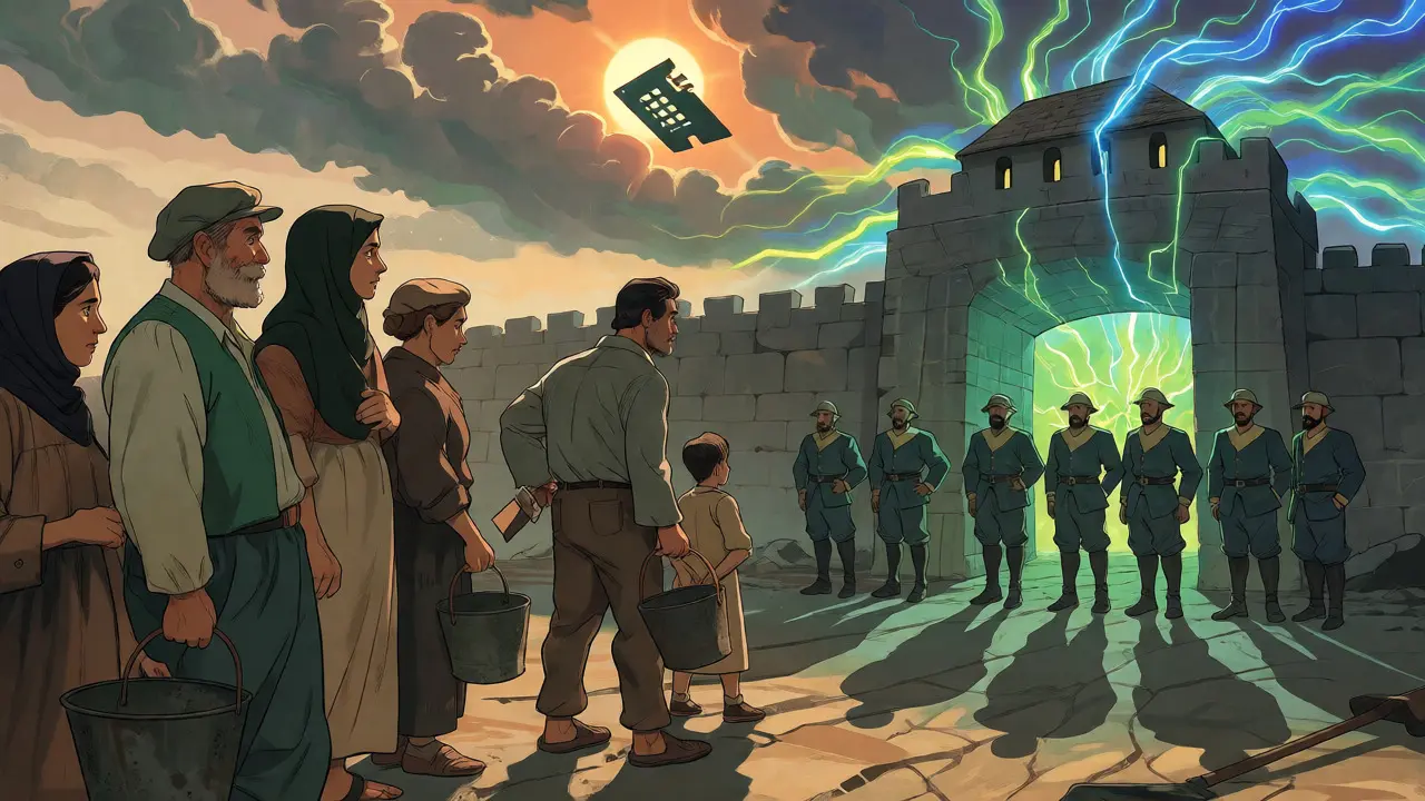 Citizens confront guards at a mining gate under an eclipse shaped like a computer chip.