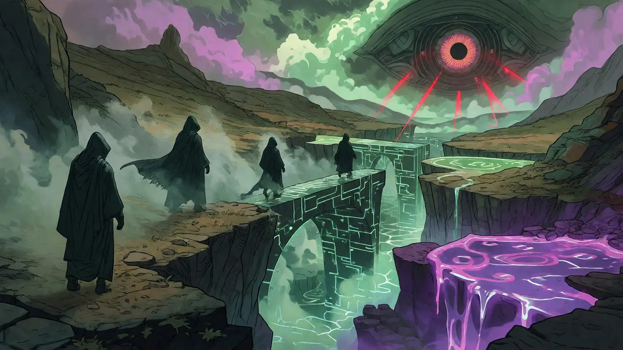 Cloaked privacy coin figures crossing bridge landscapes under the scan of an AI eye.