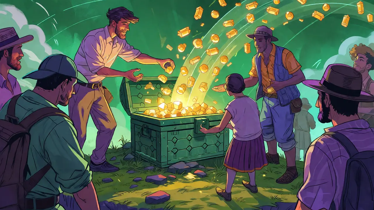 Community members exchanging gems for rewards at a central chest