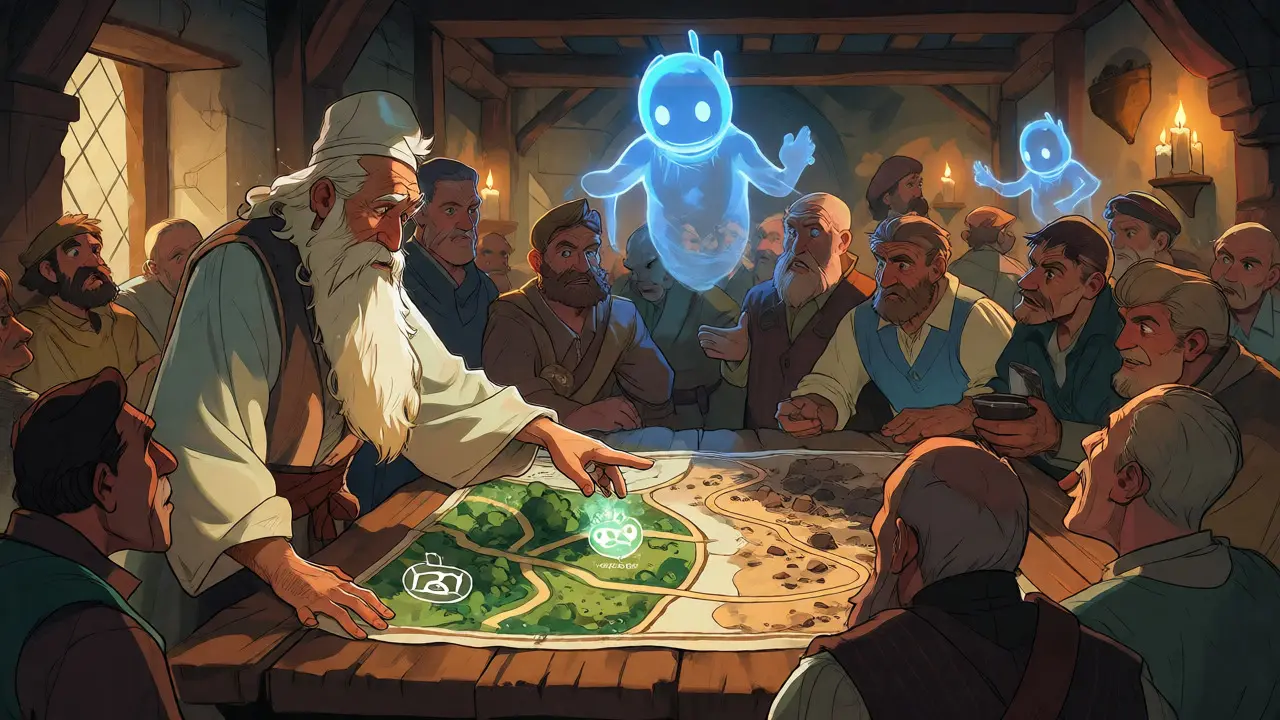 Crowded tavern scene with a sage pointing to a map dividing paths of success and barren wastelands.