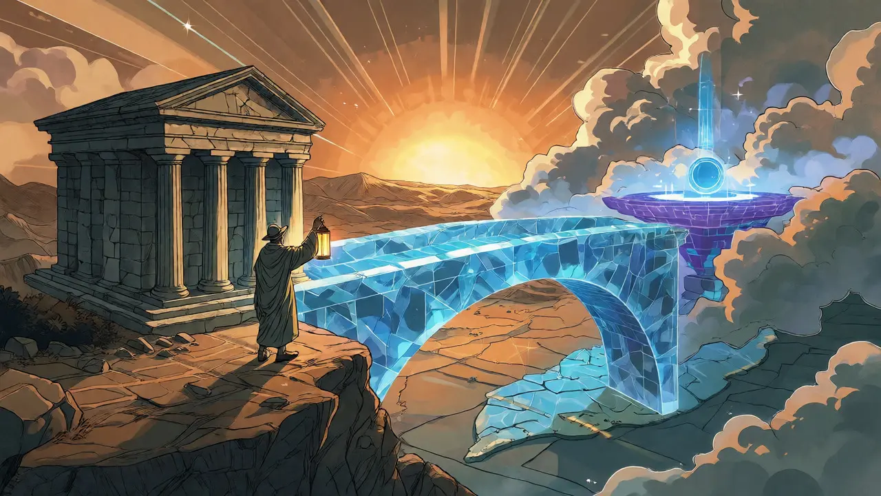 Crystal bridge connecting a bank to digital platforms, symbolizing CBDC regulation.