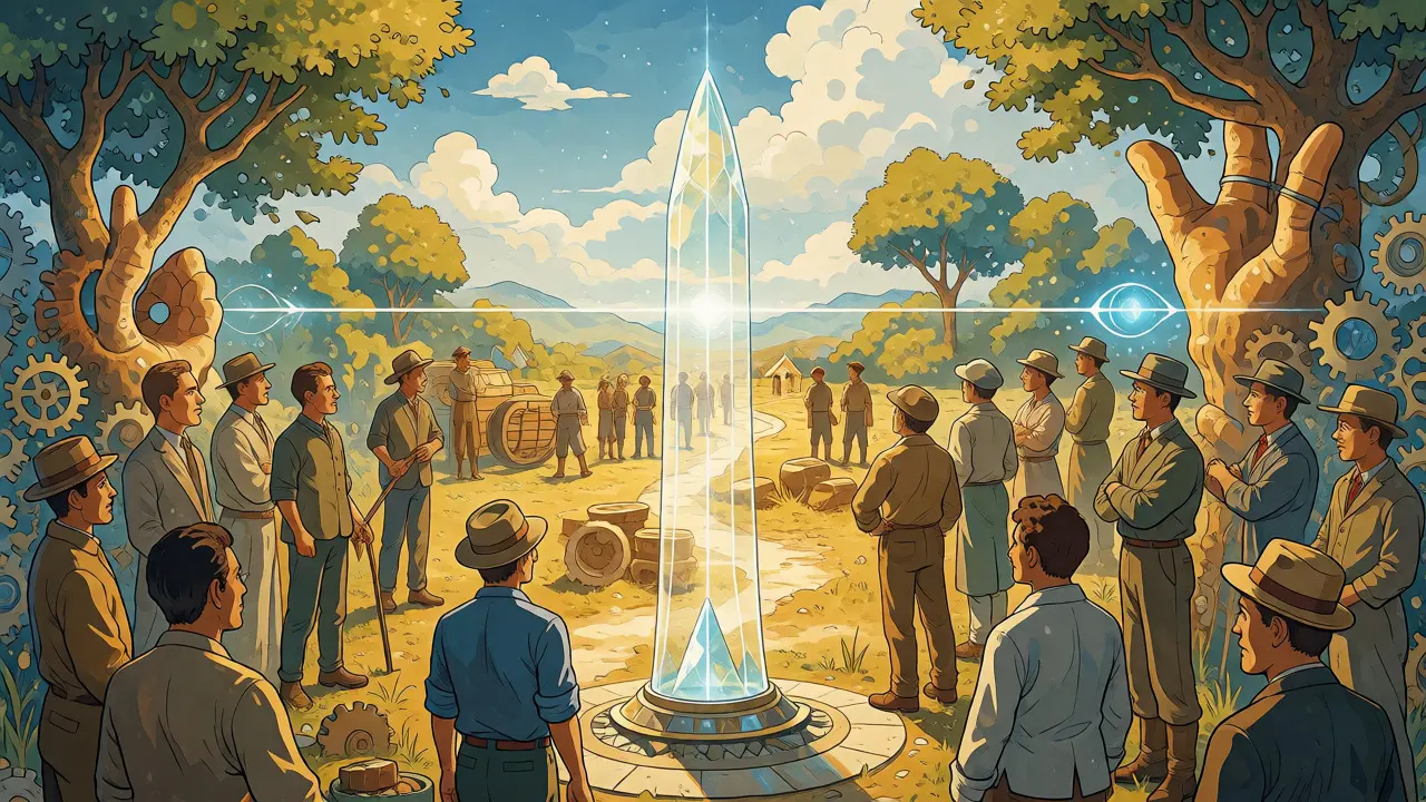 Donors and workers united around a crystal beacon linking funds to real-world impact.