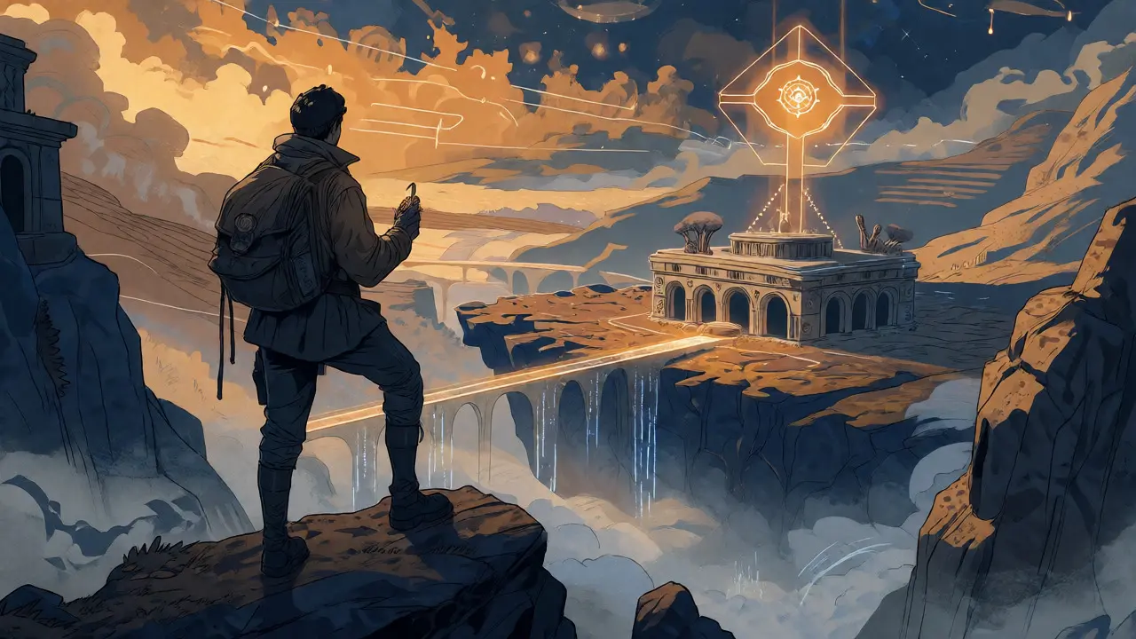 Explorer overlooking a futuristic Cardano landscape with light bridges and DEX hubs.
