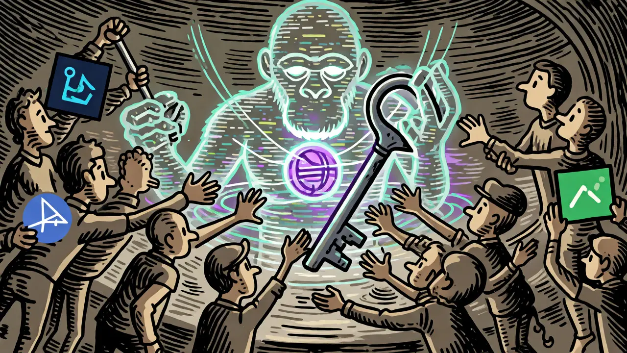 Fantasy ape figure distributing tokens to users amidst glowing blockchain nodes.
