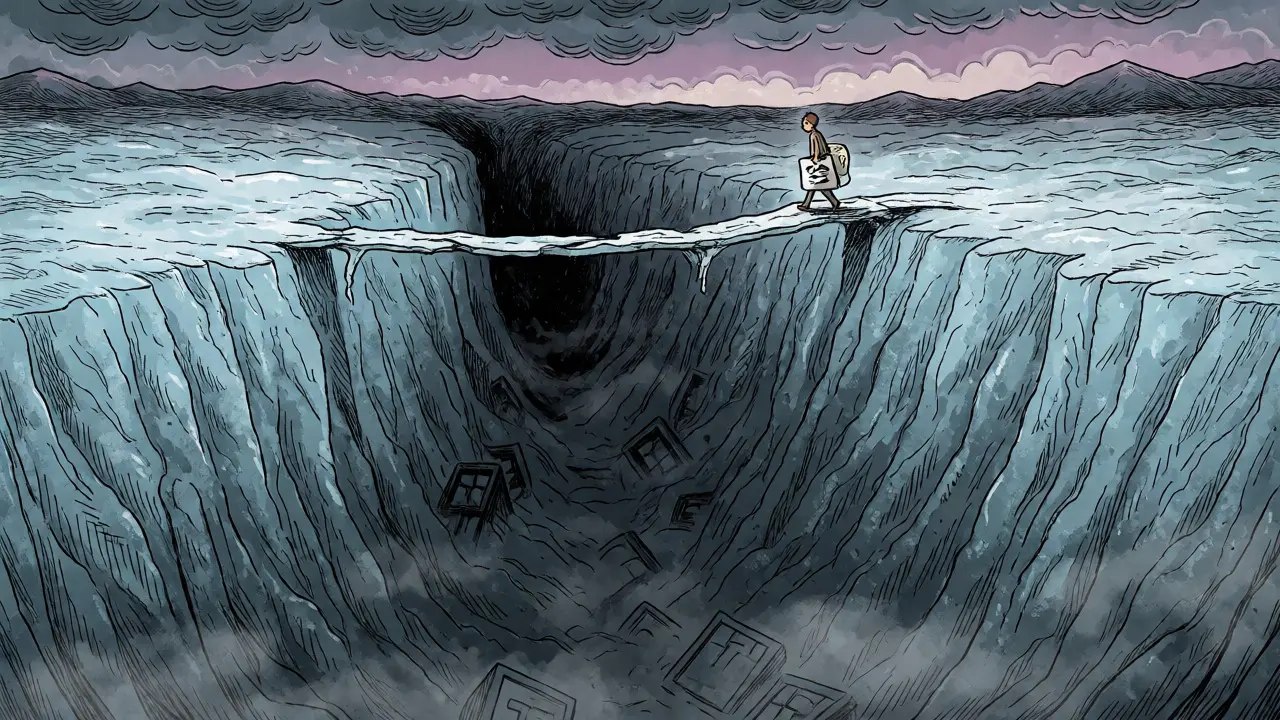 Figure crossing a fragile ice bridge over a dark chasm representing risk