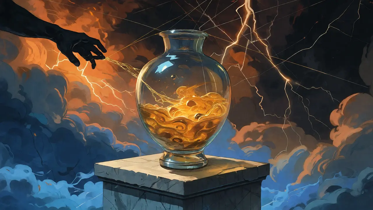Glass vessel on a pedestal connected by fragile threads to a stormy sky, showing oracle vulnerabilities.