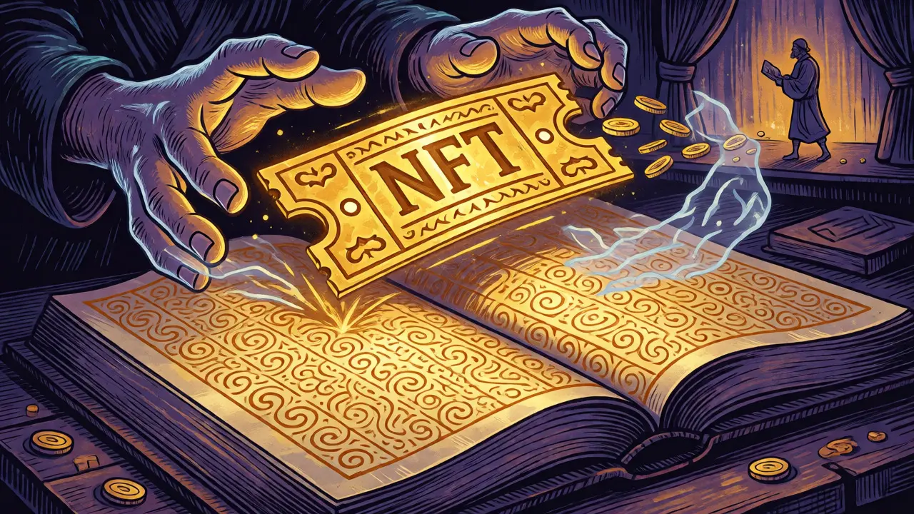 Glowing NFT ticket over ledger with ghostly hands and royalty flow