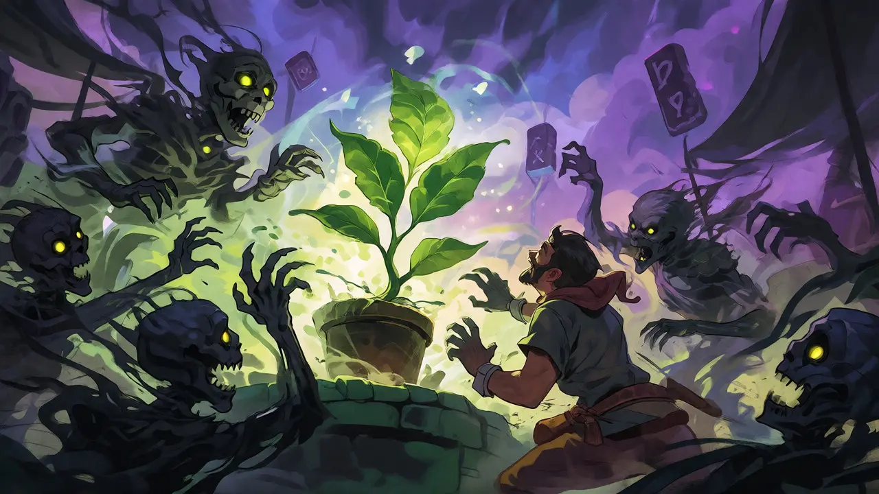 Glowing plant defending against undead creatures in a fantasy farm scene