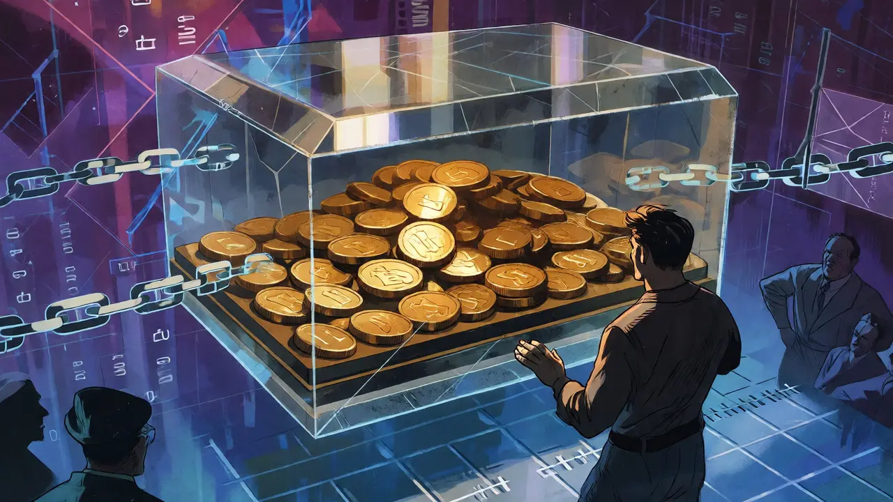 Gold coins locked in a crystal vault surrounded by code chains, symbolizing unspendable BTC.