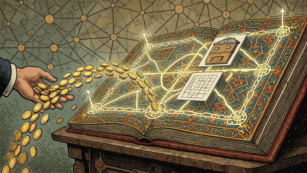 Golden coins flowing through a glowing, knotted digital ledger representing smart contracts.