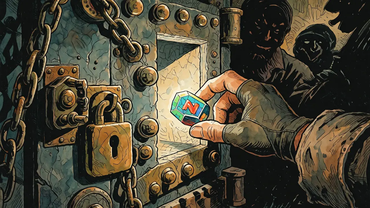 Hand placing a glowing NFT into a secure, ornate vault while shadows lurk nearby.