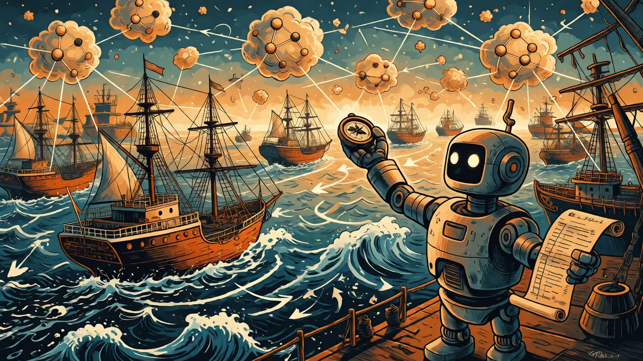 Illustrated robotic agent optimizing cargo ship routes at a fantasy port under neural network clouds.