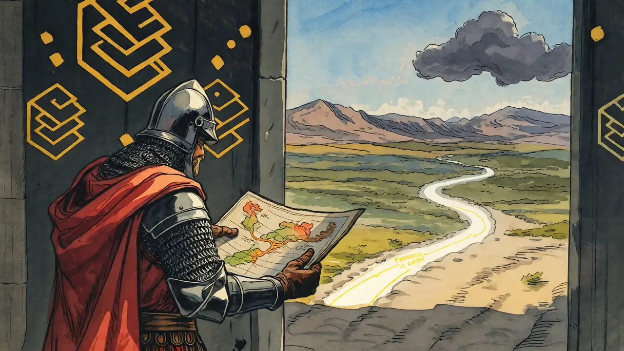 Knight checking a map at a gate, distinguishing verified paths from missing ones.