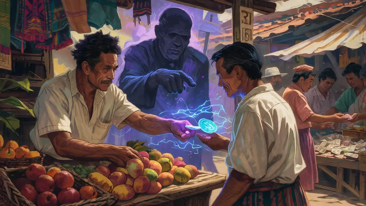 Marketplace scene showing merchants hesitant to accept volatile digital currency