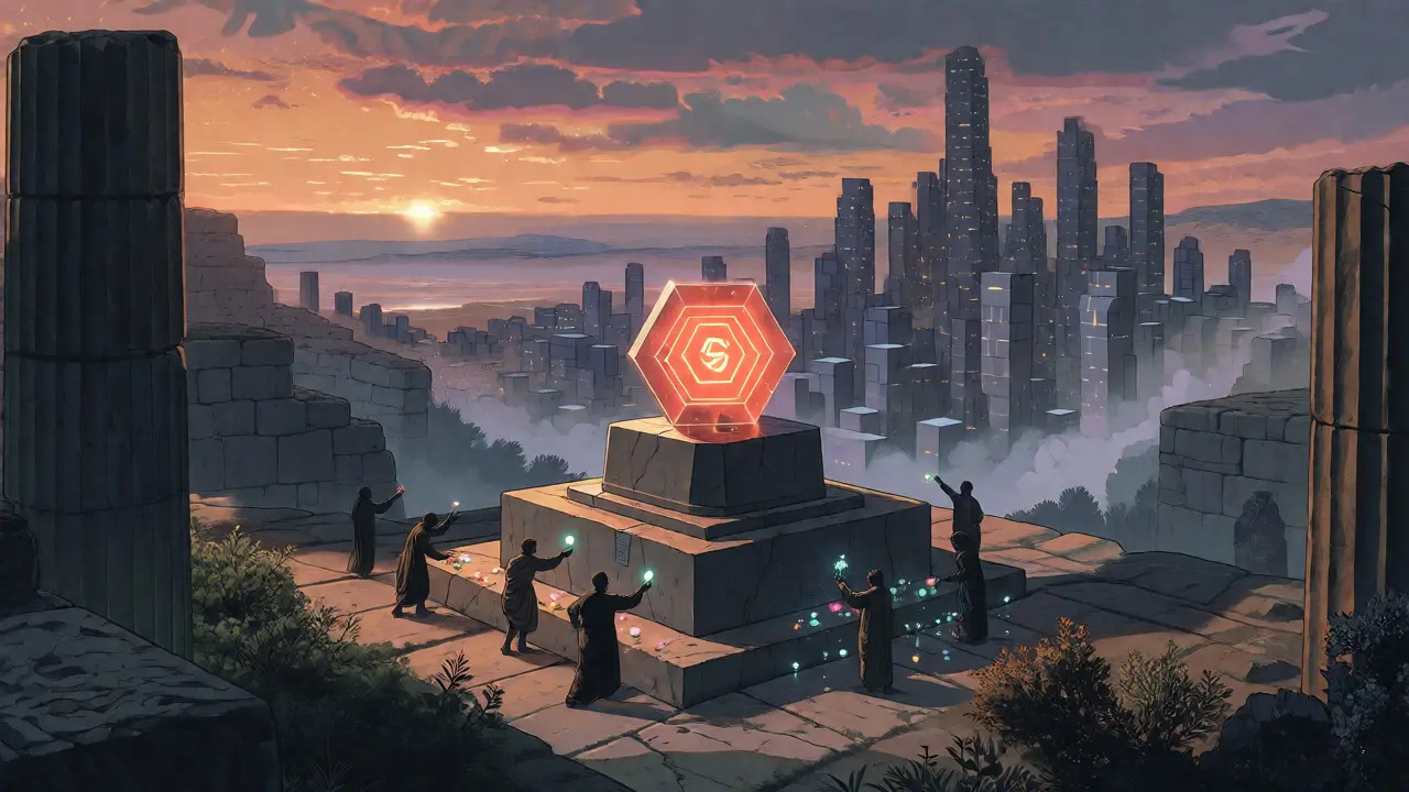 People offering tributes to a glowing hexagonal block monument in a stylized digital landscape.