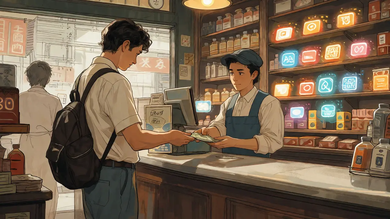 Person paying with cash in a shop to buy crypto, bypassing bank transfer restrictions.