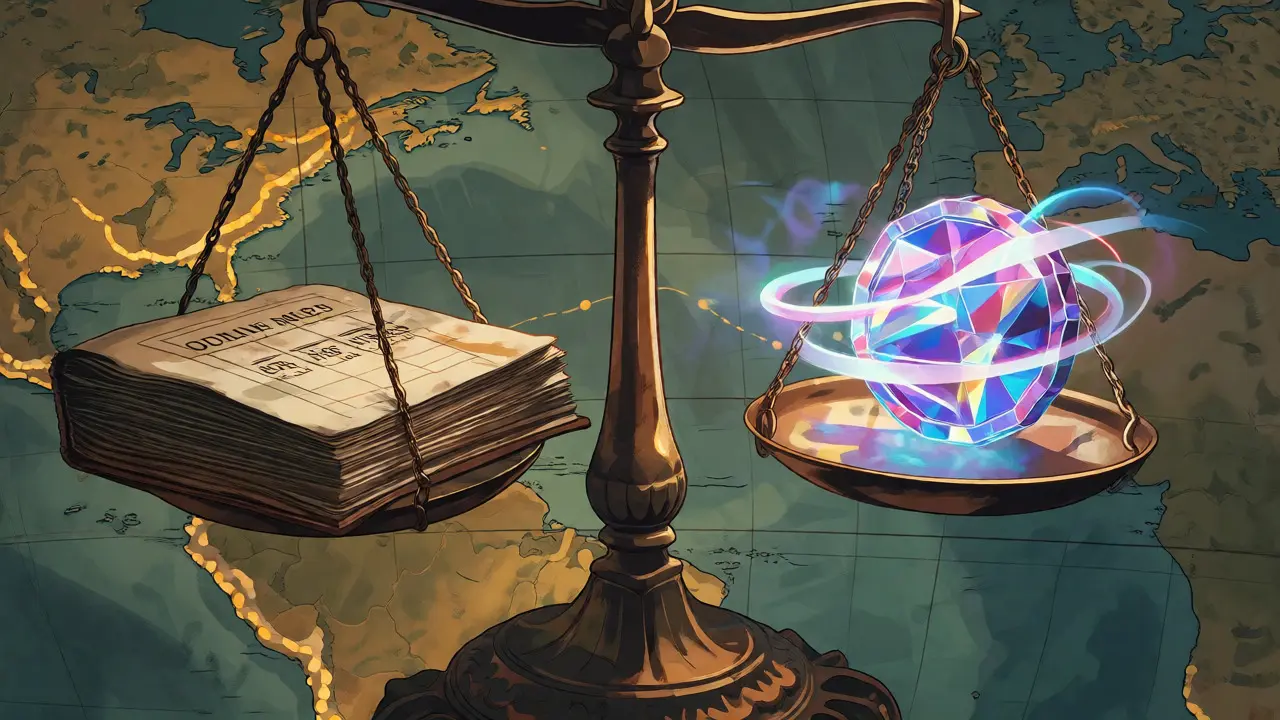 Scale balancing old ledgers against a glowing CANDY token