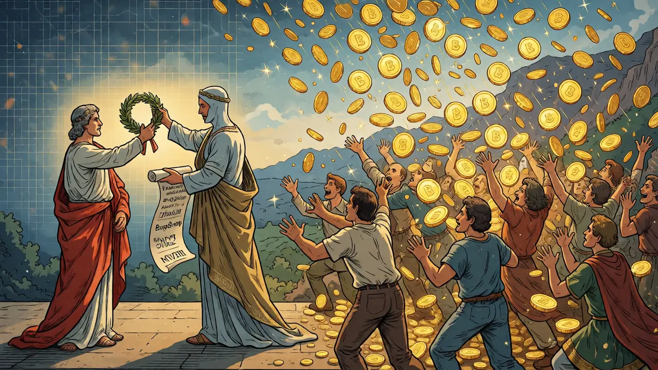 Scene contrasting BabySwap award ceremony with Babylon token airdrop rain