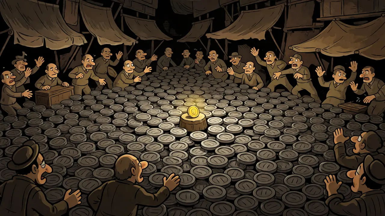 Scene of a tiny golden coin amidst a sea of gray tokens in a crowded market