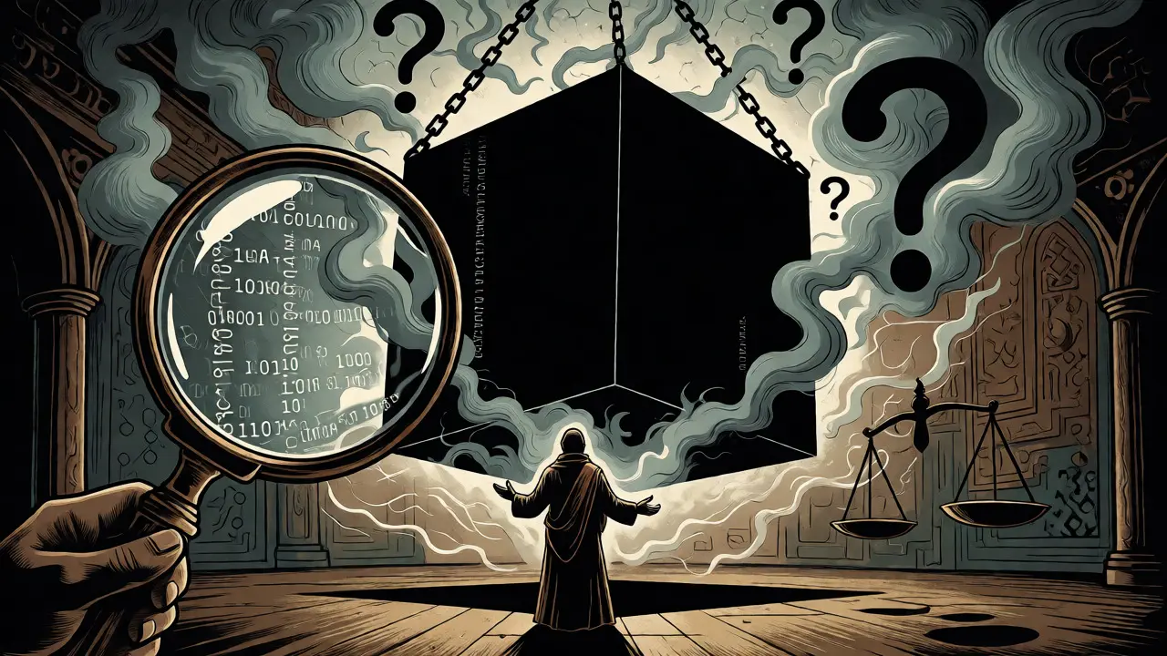 Scholar examining a mysterious black box emitting smoke, symbolizing AI opacity in blockchain contracts.