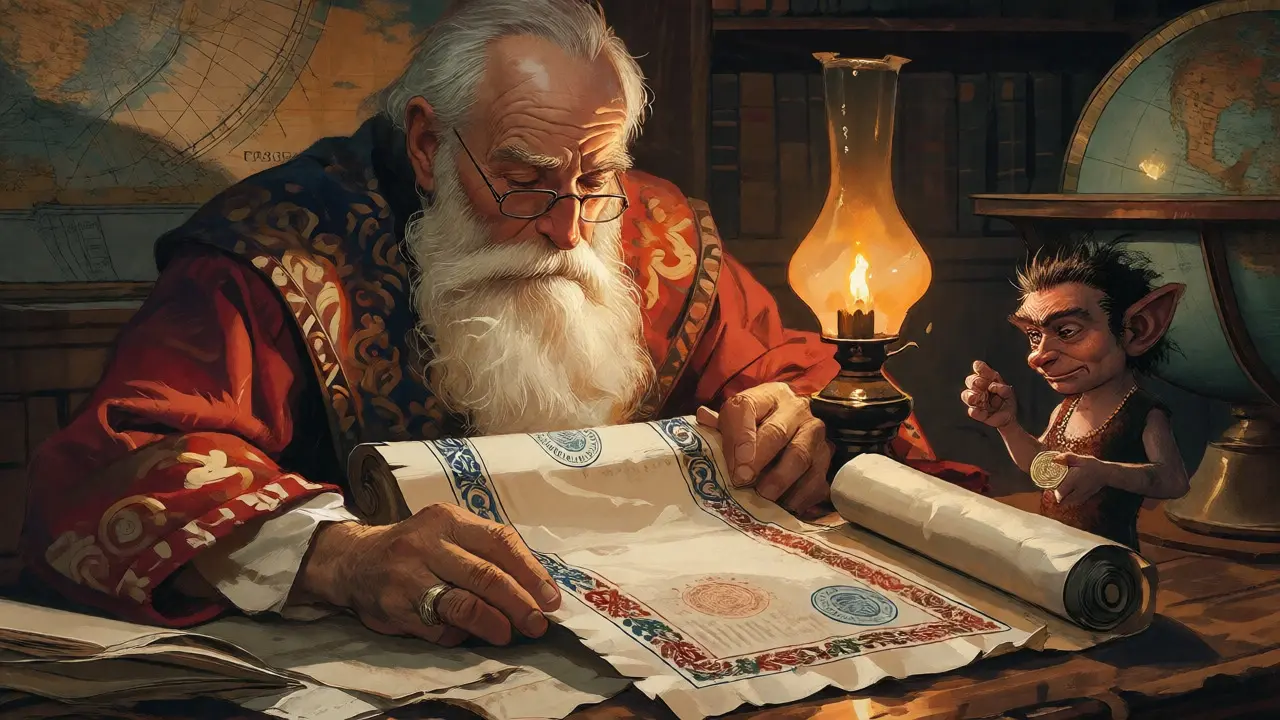 Scholar verifying a scroll while a skeptical imp holds a fake coin