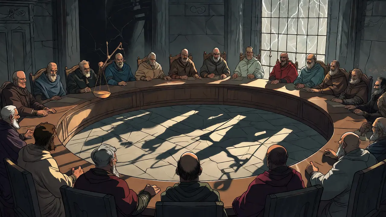 Small group of robed figures at a round table manipulating scales, representing centralized validators.