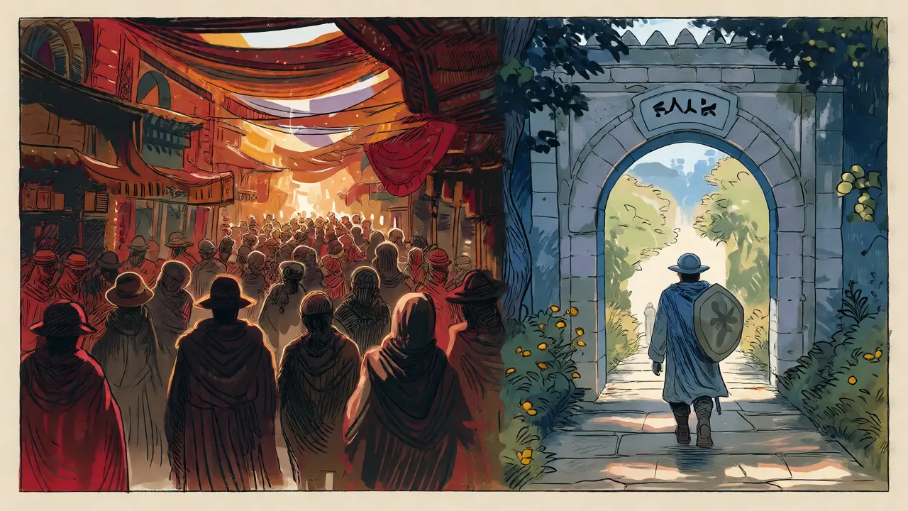 Split-scene illustration contrasting a crowded chaotic bazaar with a quiet, private garden path leading to a small gate.