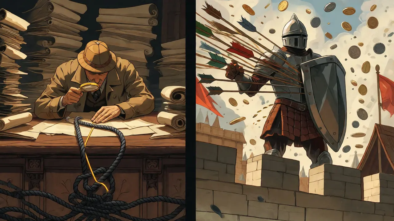 Split scene showing a detective tracing threads versus a guard blocking diverse crypto assets.