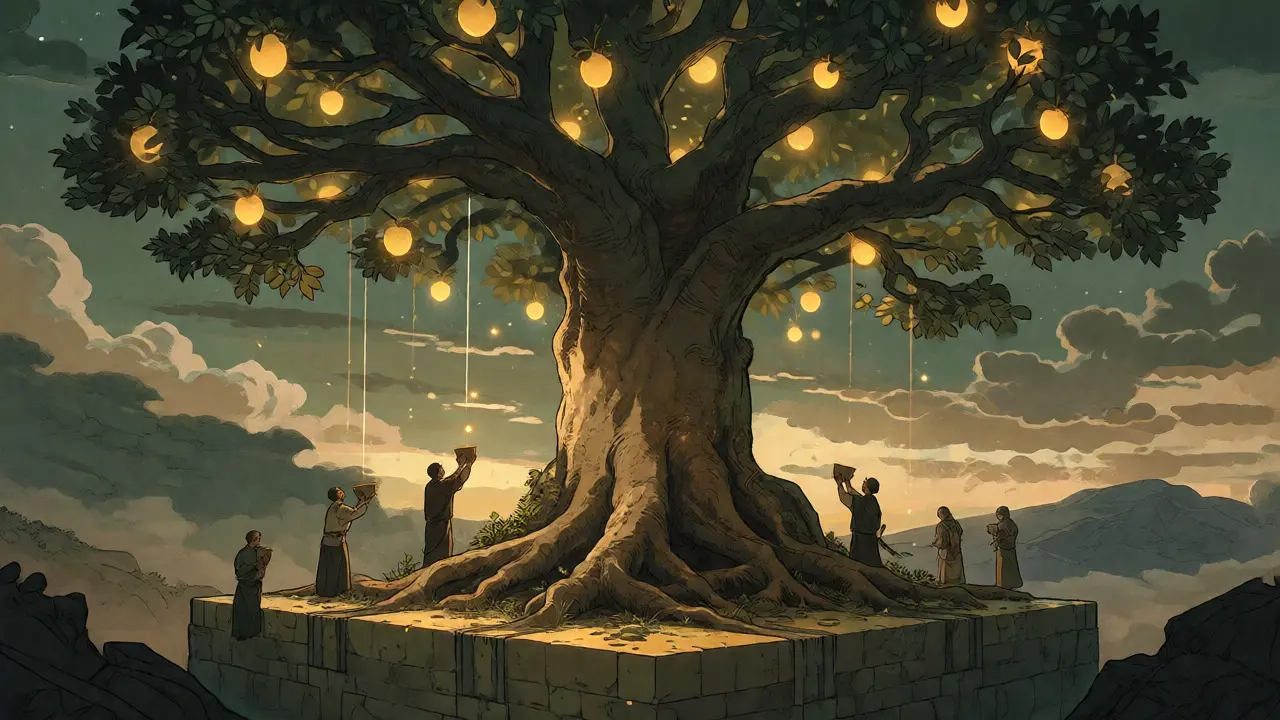 Stylized tree with golden fruits representing ASTRO staking rewards and tokenomics.
